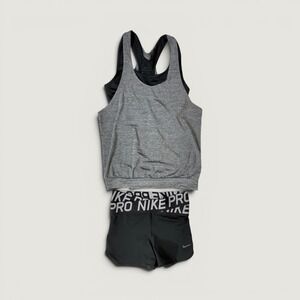 Nike Bundle Pro Dri-FIT 2 Piece Set Grey Tank Top Black Shorts Womens Small